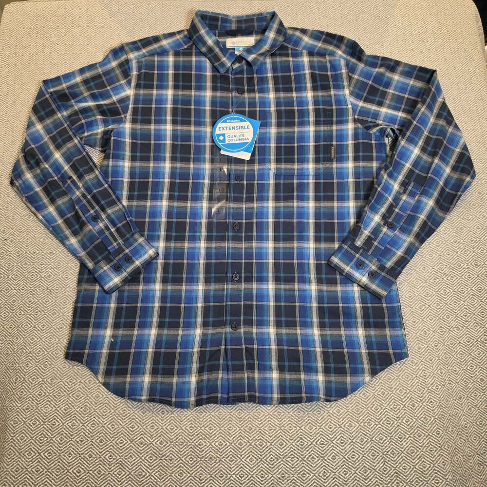 Columbia Men’s Plaid Button Up Shirt Blue Black & White Size L